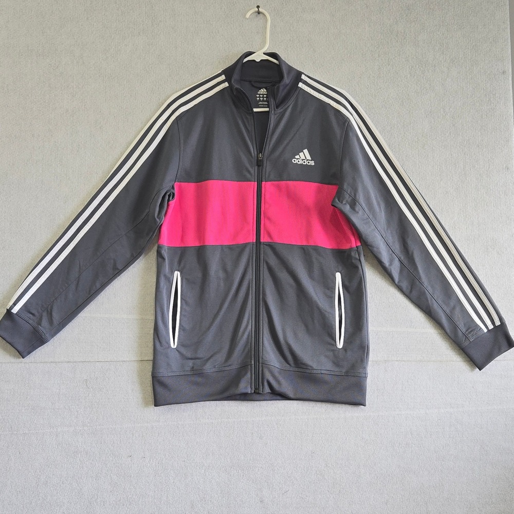 Adidas Track Jacket women Medium Grey Pink Stripe Full Zip 3-Stripe B#294